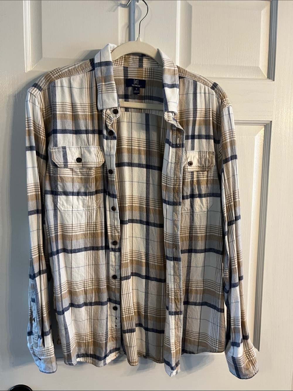 George Men’s Plaid Button-Down Shirt in Cream, Tan & Blue